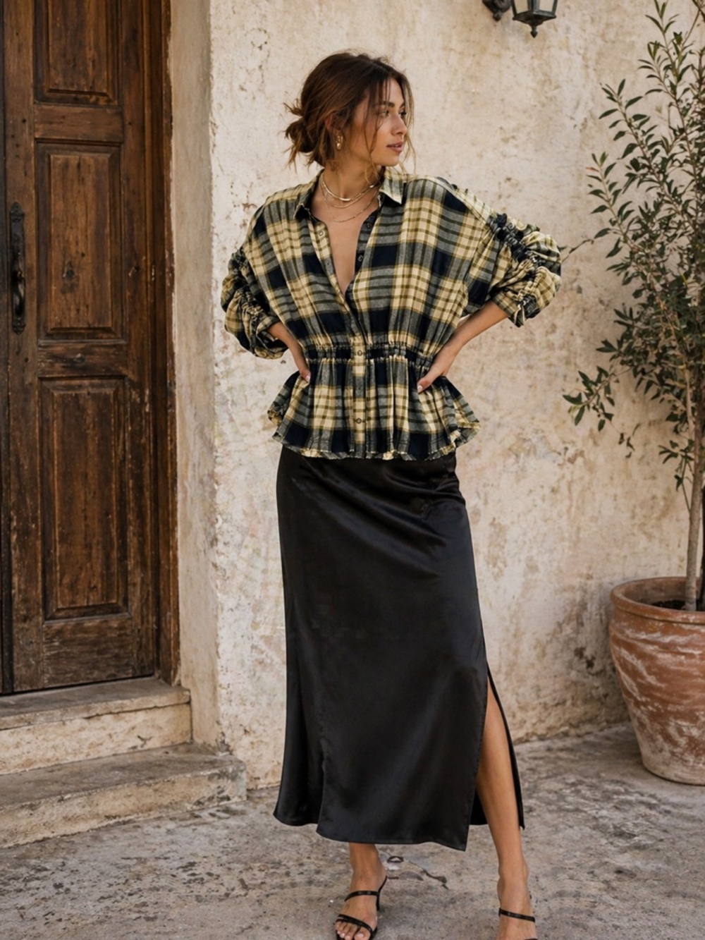 💜Firm Price💜Free People Plaid Ruched Sleeve Shirt